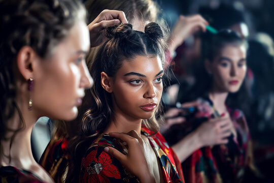 Backstage at a fashion show, with models in luxurious robes getting their hair and makeup done by professional stylists.