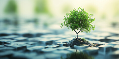 Lone tree growing on hexagonal pattern surface