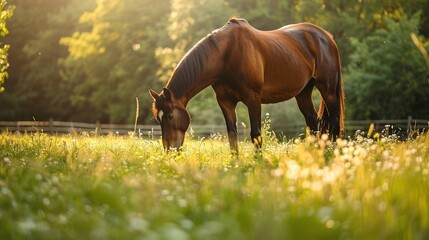 Bay Horse Grazing Peacefully