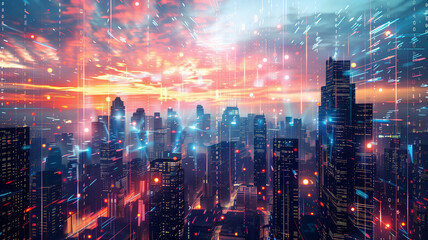 Fototapeta premium A sleek virtual futuristic metaverse city skyline at dusk