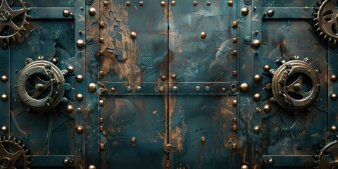 Steampunk door with gears and rivets.