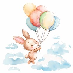 Cute bunny holding colorful balloons and flying in the clouds.