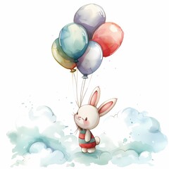 Cute rabbit with colorful balloons.