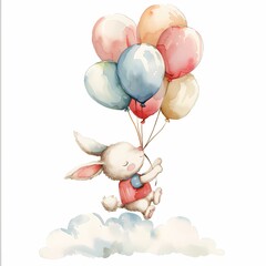 Watercolor illustration of a bunny holding balloons.