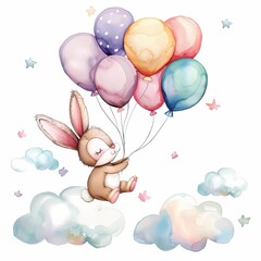 Adorable Bunny Holding Balloons Flying Through the Clouds.