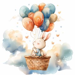 Adorable Bunny in a Balloon Basket.