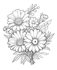 flower outline illustration coloring book page design, flower black and white line art drawing coloring book pages for children and adults,Line art garden flowers set. Botanical illustration