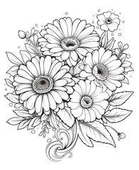 flower outline illustration coloring book page design, flower black and white line art drawing coloring book pages for children and adults,Line art garden flowers set. Botanical illustration