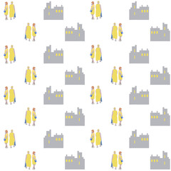 Pattern with people. A girl is walking down the street. Vector flat city infographics. 2D image to use as entourage.