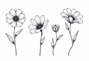 Black and White Botanical Line Art: Hand Drawn Flowers for Your Design
