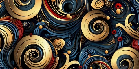 Fototapeta premium Abstract swirling gold, blue, and red patterns.