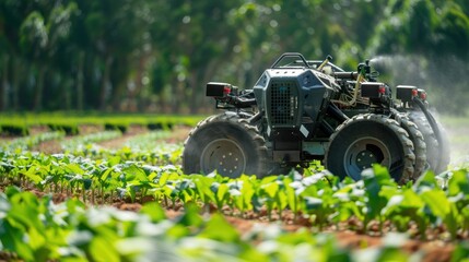 Fototapeta premium Agricultural Tractor Spraying Crops in a Field