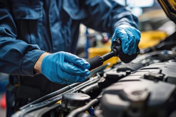 Car mechanic wearing blue gloves working on a vehicle engine using a special tool in a repair shop
