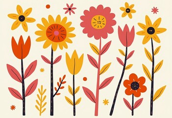 Groovy Abstract Flower Art Set: Organic Doodle Shapes in Trendy Naive Retro Hippie 60s 70s Style. Perfect for Contemporary Posters and Backgrounds. Floral Botanic Vector Illustration in Vibrant Pink, 