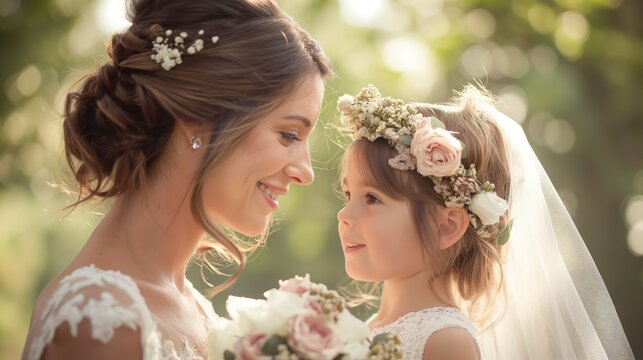 bride and flower girl talking each other