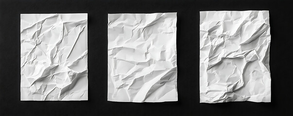 Three white crumpled and creased paper posters arranged side by side on a dark background, ideal for mockup and texture design concepts