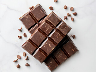 Decadent Dark Chocolate Bars Surrounded by Mini Chocolate Chips on a Clean Surface