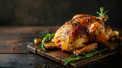 Whole roasted chicken with fresh rosemary and garlic on a rustic wooden cutting board