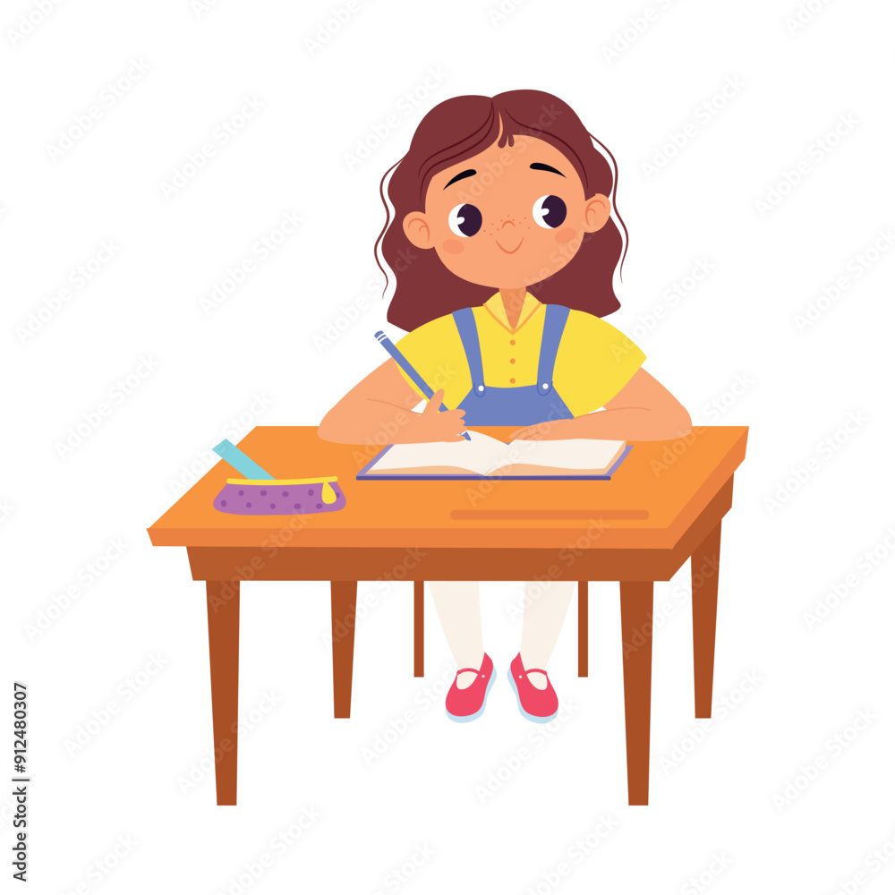 Poster girl character at school at desk have lesson vector illustration