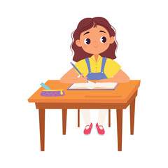 Girl Character at School at Desk Have Lesson Vector Illustration