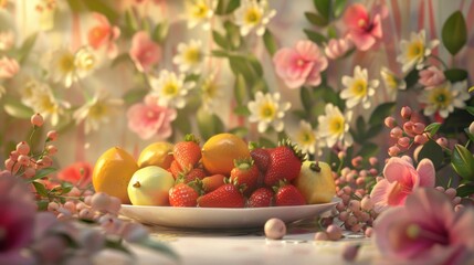 A Bowl of Strawberries, Lemons, and Limes Surrounded by Flowers