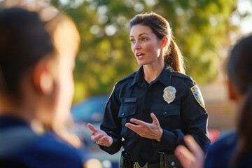 Policewoman talking to a group of students about safety