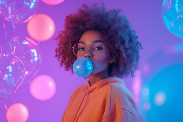 A stylish African American woman with curly hair and glasses, blowing blue bubblegum in front of neon lights and balloons. She's wearing an orange hoodie and standing against a purple background.