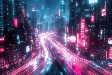 Obraz premium cyberpunk cityscape with light trails forming a threedimensional data web above neonlit streets hovering vehicles weaving through the luminous network