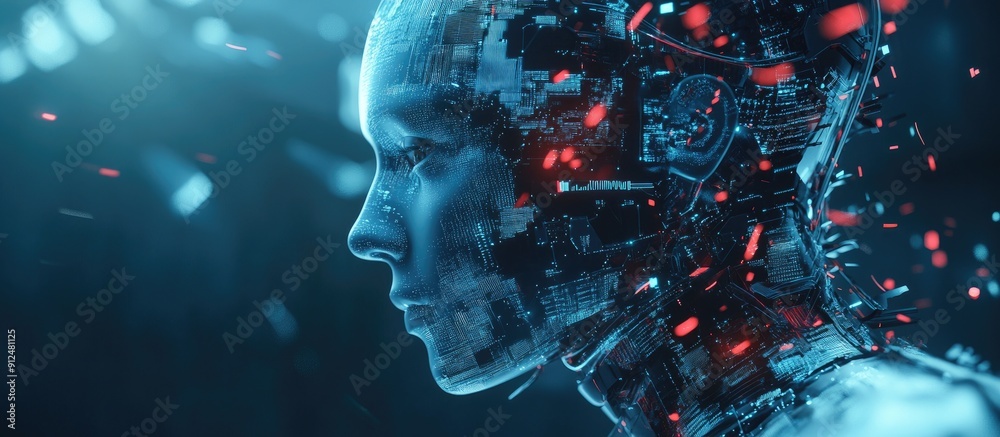 Poster futuristic 3d rendering of robotic and cyborg advancements for enhanced human living digital data an