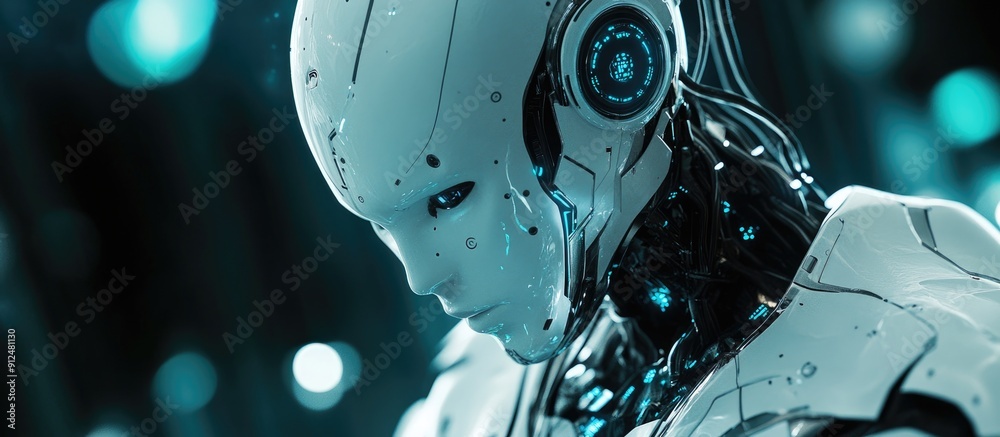 Poster futuristic 3d rendering of a droid robot exploring advanced technology development in artificial int