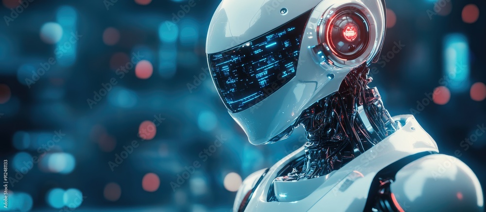 Poster futuristic 3d rendering of advanced droid robot technology showcasing artificial intelligence and ma