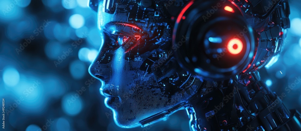 Poster futuristic 3d rendering of advanced robotic technology highlighting artificial intelligence and mach