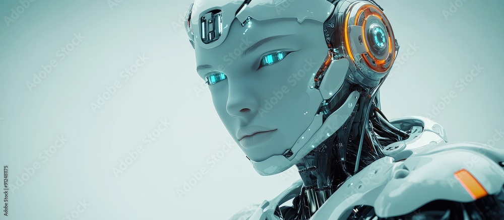 Poster futuristic 3d rendering of advanced robot technology artificial intelligence and machine learning co