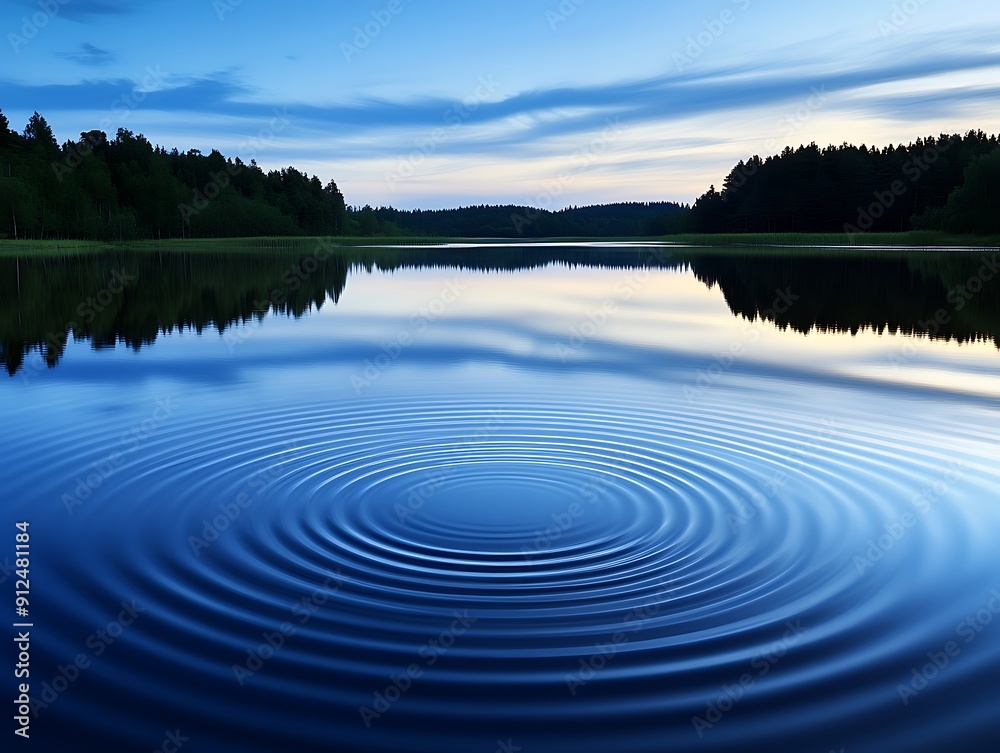 Sticker soft ripples in a still pond reflecting a twilight sky, creating a tranquil scene with copy space, m