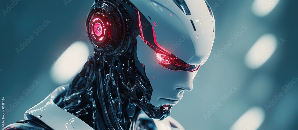 Poster futuristic 3d rendering of advanced robotic technology highlighting artificial intelligence and mach