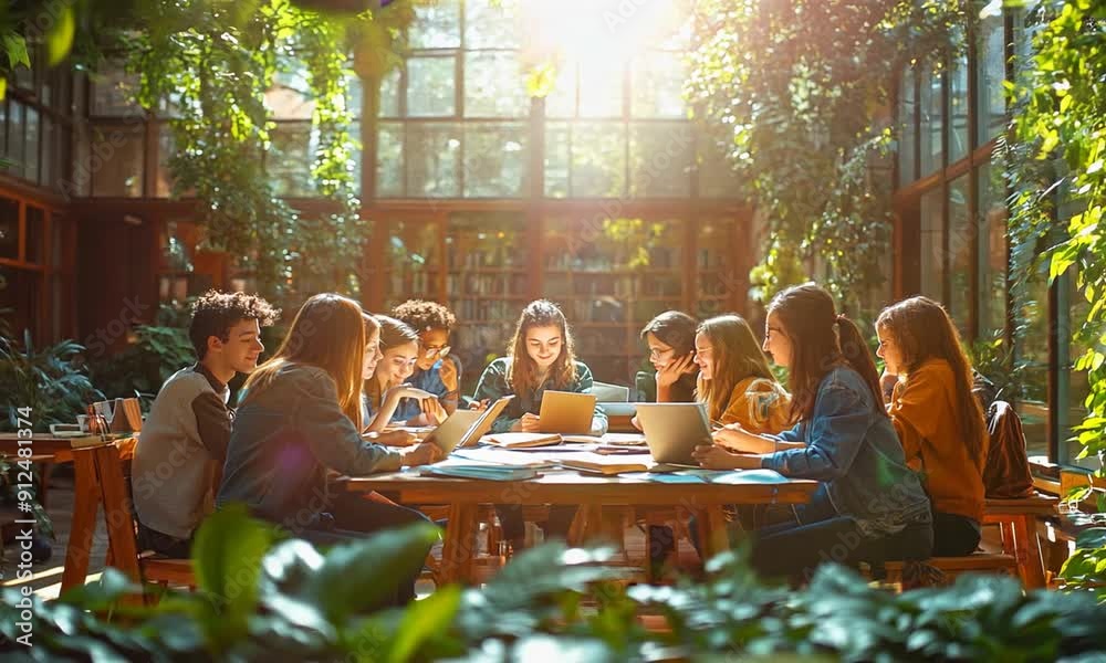 Poster Group of students studying together in a library with large windows and sunlight streaming in.