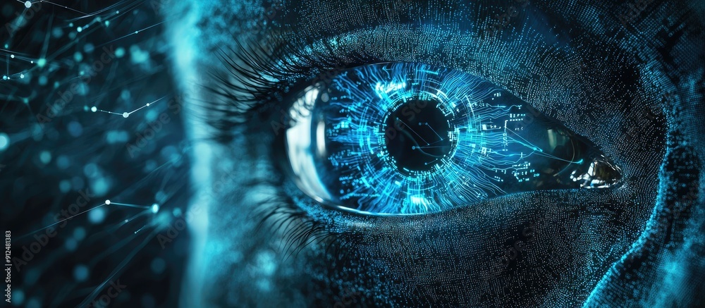 Poster futuristic artificial intelligence concept featuring a digital eye in dark blue abstract representat