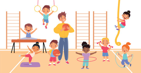 Children Trainer Teach Sport Lesson with Little Kids Vector Illustration