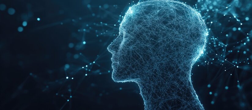 Fractal human head shape with interconnected lines and dots on a dark blue background representing advanced technology biological innovation and revolutionary information processing 3D rendering