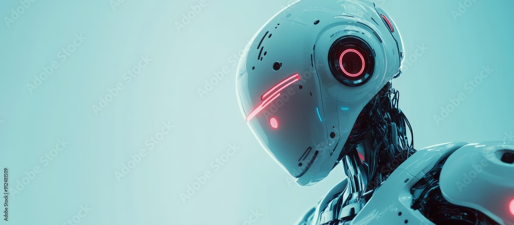 Poster futuristic 3d rendering of a droid robot showcasing advanced technology development artificial intel