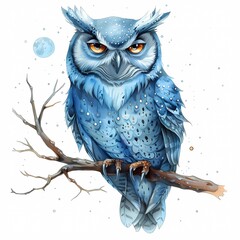 Majestic Blue Owl Perched on Branch.
