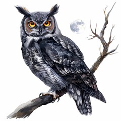 Majestic owl perched on a branch under a full moon.