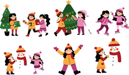 Fototapeta premium a series of animated children with a christmas tree and a snowman.