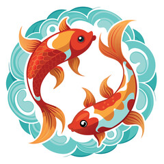 two koi fish with carved water, white background vector illustration. 