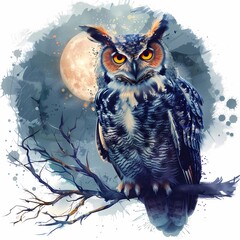Majestic Owl Watercolor Painting with Moon.