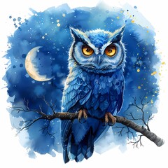 Watercolor Owl in Night Sky.