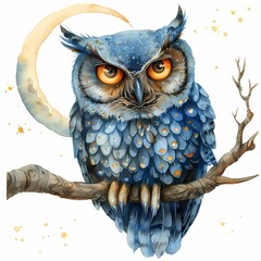 Blue Owl with Crescent Moon Watercolor Illustration.