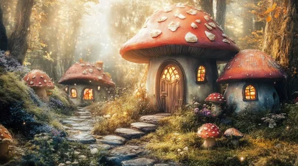 Wanddecoratie Sprookjeswereld Enchanting mushroom shaped fairy houses nestled in a vibrant colorful watercolor landscape evoking a whimsical fairytale like atmosphere  This digital showcases a lush  © Digital Artistry Den