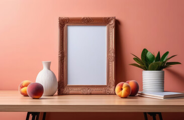 ripe peaches on wooden table with picture frame and house plant. mockup of modern home interior