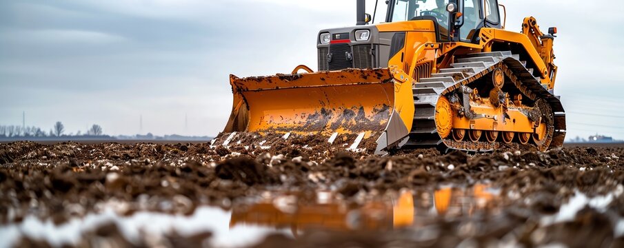 Bulldozer clearing land for agricultural use, farmland background Strong and rugged, effective and durable, land development